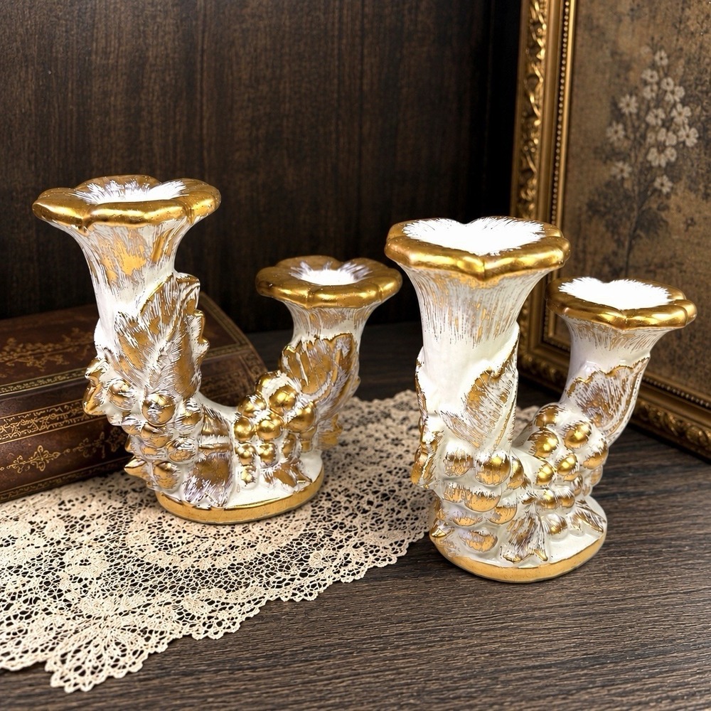 VTG 1963 Royal Haeger Pottery Gold Tweed Candleholders #361 Handcrafted 22K Gold